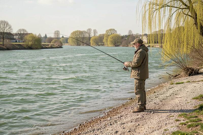 Loire au printemps vue depuis la berge, eau verte haute qui coule sur des graviers clairs, jeunes feuilles de saule le long de la rive, pêcheur isolé debout sur le bord.