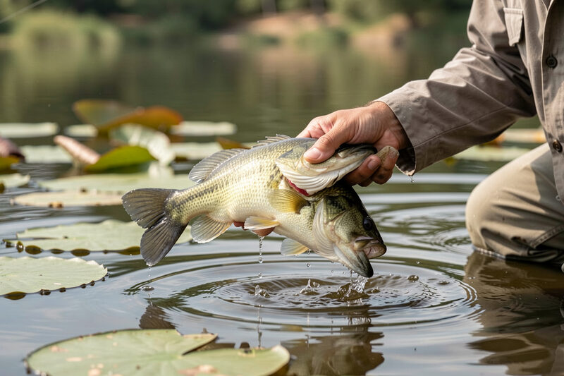 Black-bass tenu à la main juste au-dessus d'une nappe de nénuphars, gueule large et dos vert sombre, ondulations concentriques autour du poisson, saules en arrière-plan.