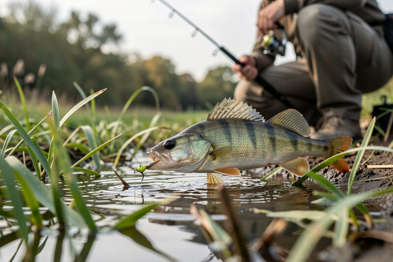 Pêcheur accroupi dans une végétation de bord, perche tenue au-dessus de l'herbe humide, nageoires dorsales relevées, silhouettes de deux autres pêcheurs au loin sur la rive opposée.