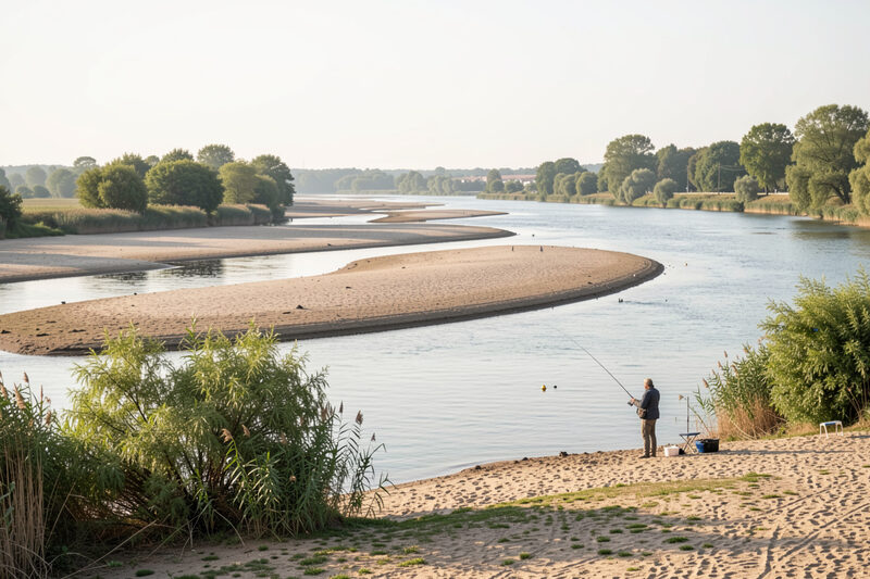 Bancs de graviers et chenal d'un bras de la Loire vus de la berge, eau verte et peu profonde sur les hauts-fonds, peupliers serrés sur l'horizon, deux pêcheurs debout dans le courant à gauche.